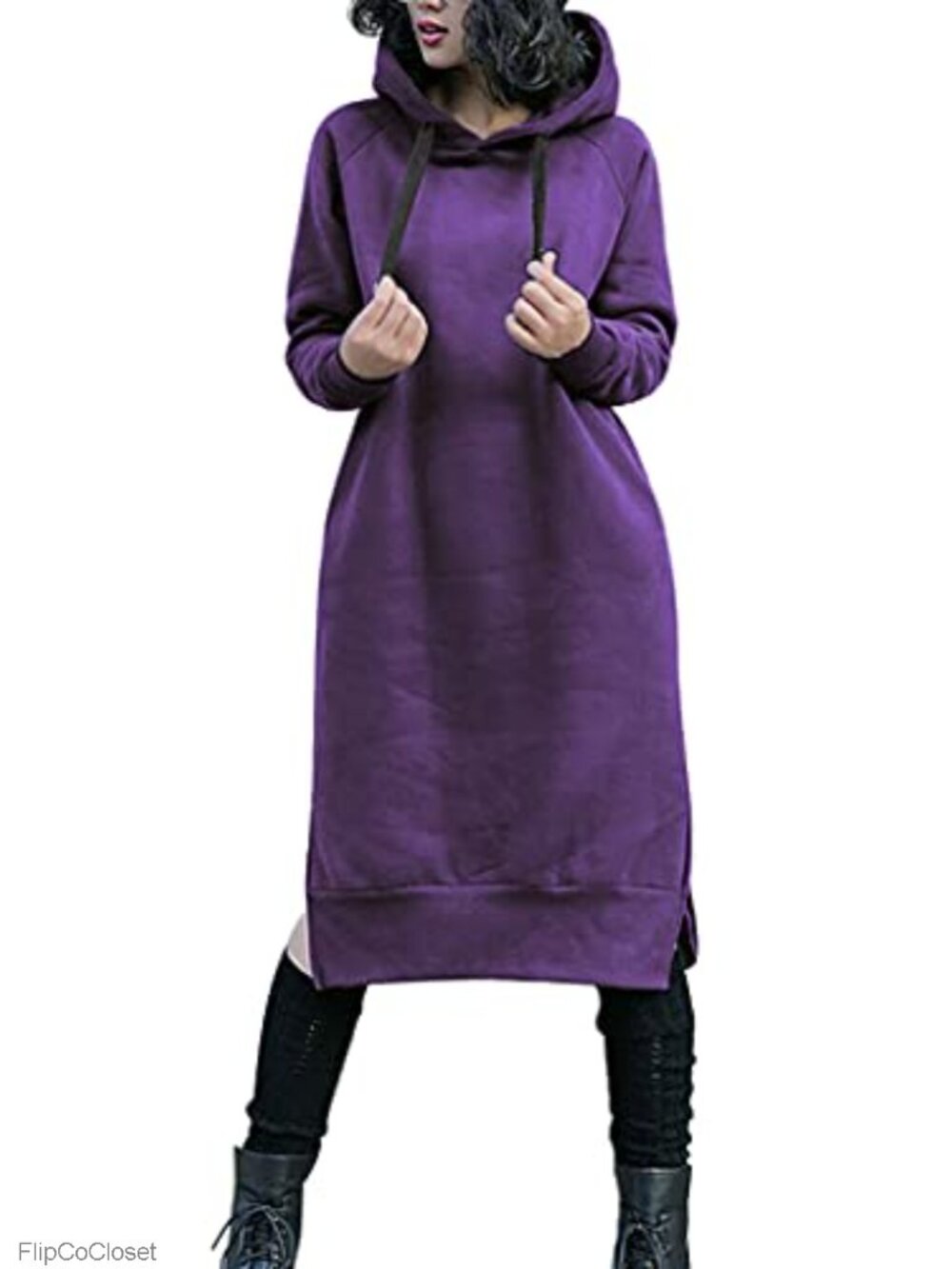 Long Fleece Hoodie Dress Pullover Plus Size Cotton Polyester Drawstring